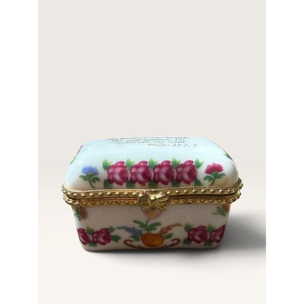 Imperial Porcelain Hinged Trinket Box Psalm 23 Floral Scripture Religious Gift